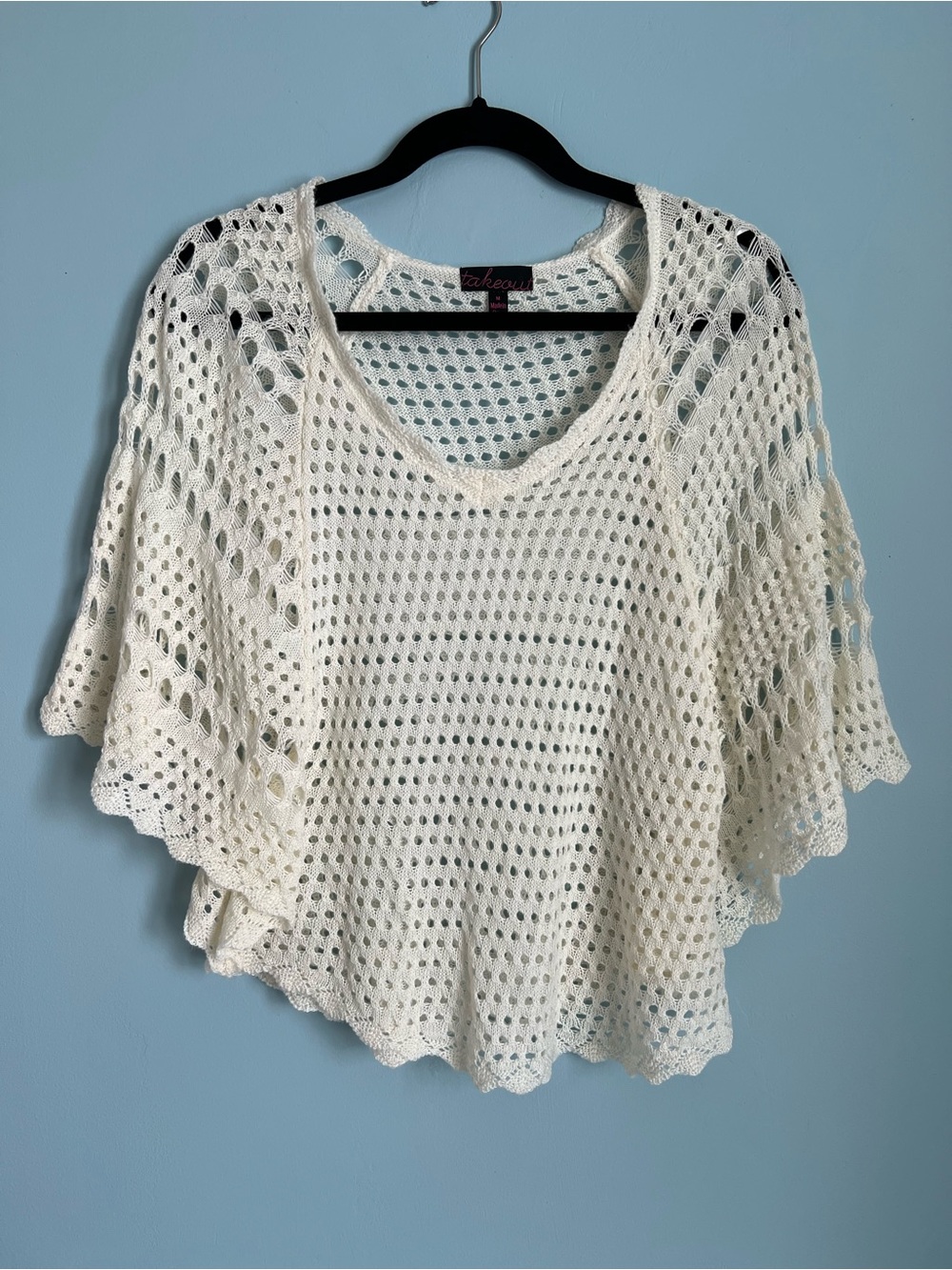 Takeout Cream Openwork Crochet Poncho Style Sweater